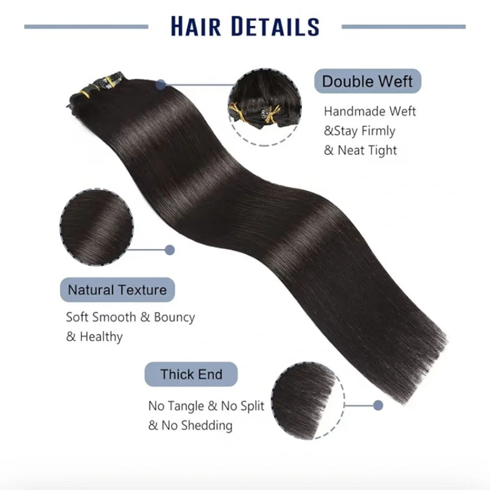 Natural Black Double Weft Clip In Remy Extensions 100% Human Hair #1B  8Pcs 120g